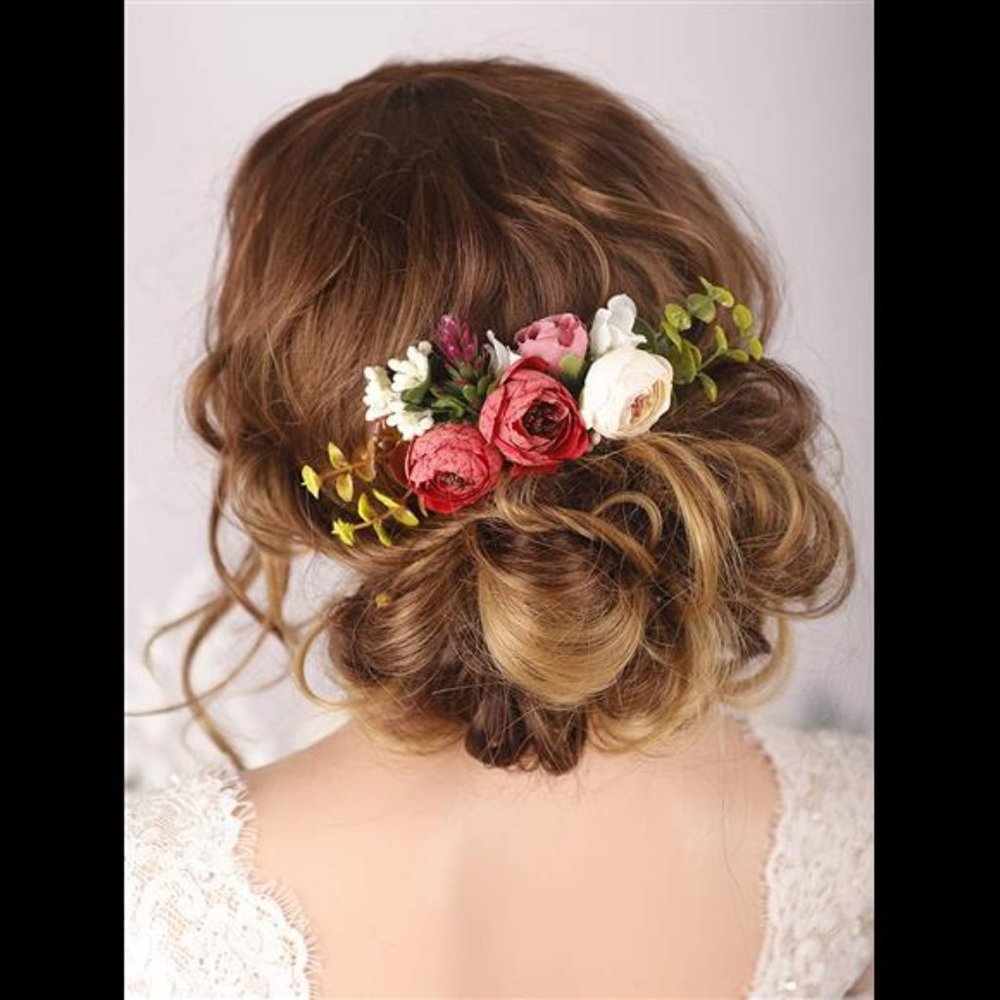 Handmade Boho Hair Comb for Brides Floral Red Flower Hair Accessories Woodland